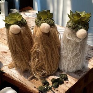True living set of 3 Gnome Decor with Green faux succulent Accents 5in tall